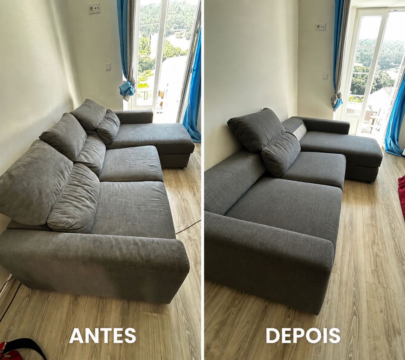 Sofá de canto antes e depois da higienização